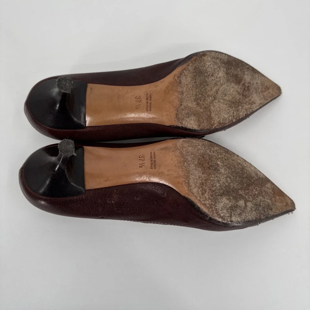 Ballin VTG Brown‎ Leather Kitten Heel 37.5 Italy Studded Fringe Metal Classic